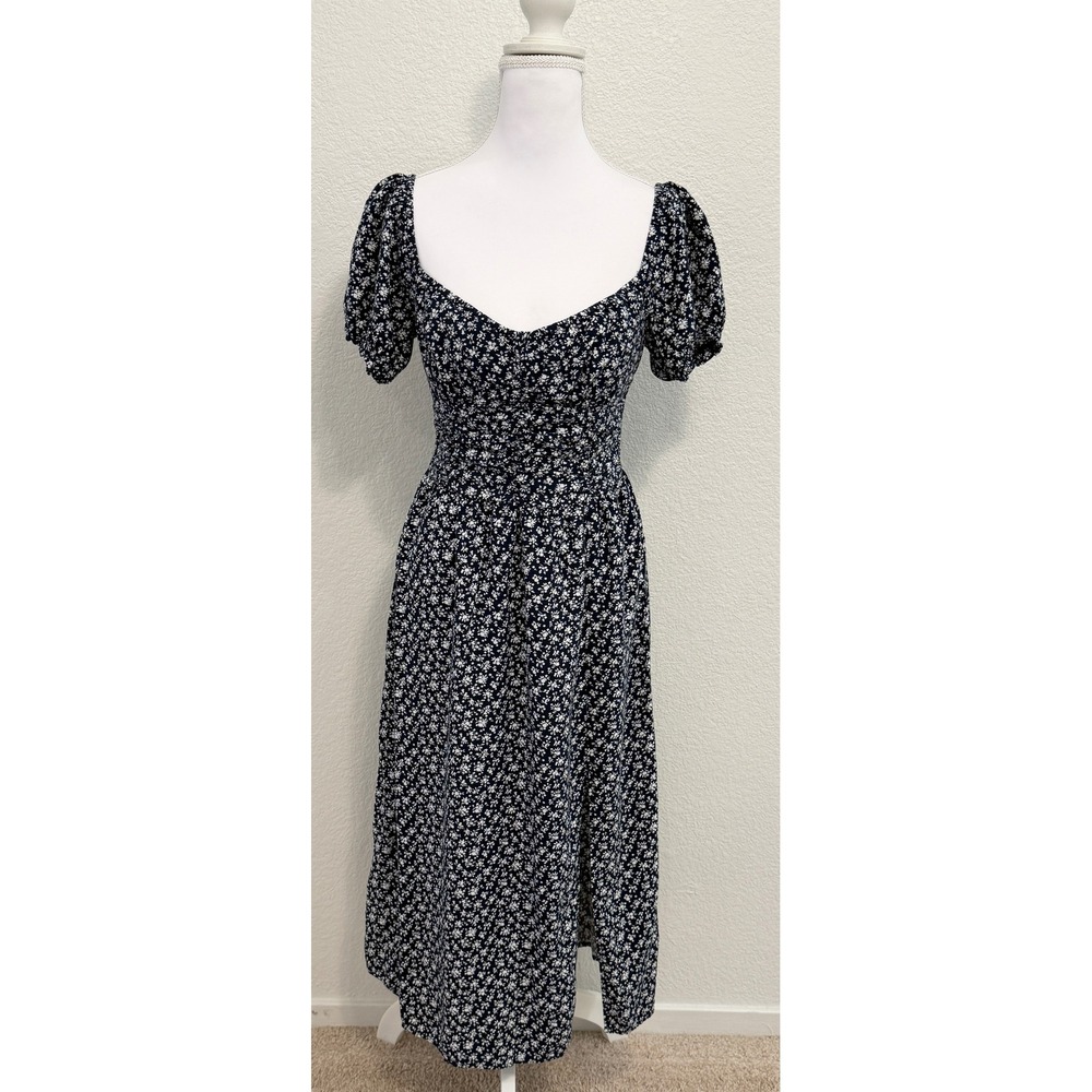 Hollister Navy Blue White Floral Puff Sleeve Smocked Back Midi Dress Slit Size M